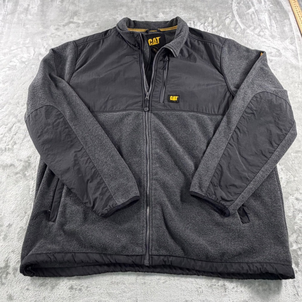 CAT Caterpillar Mens 2XL Full Zip Fleece Jacket Gray Black Workwear Mixed Media